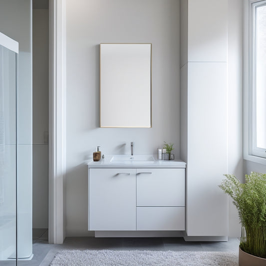 A sleek, minimalist bathroom featuring a stylish wall-mounted cabinet with clean lines, soft ambient lighting, and organized toiletries, surrounded by modern decor and a serene color palette of whites and light grays.
