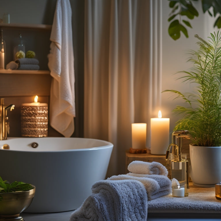 A serene bathroom scene featuring plush towels, a rainfall showerhead, and a freestanding tub surrounded by candles and lush greenery, with a soft, warm glow emanating from the LED-lit mirror.