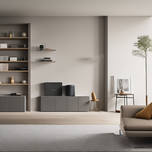 A sleek, minimalist living room with 7 different modern wall cabinet styles, each with unique materials, shapes, and hardware, showcasing various textures, colors, and designs against a light-gray background.