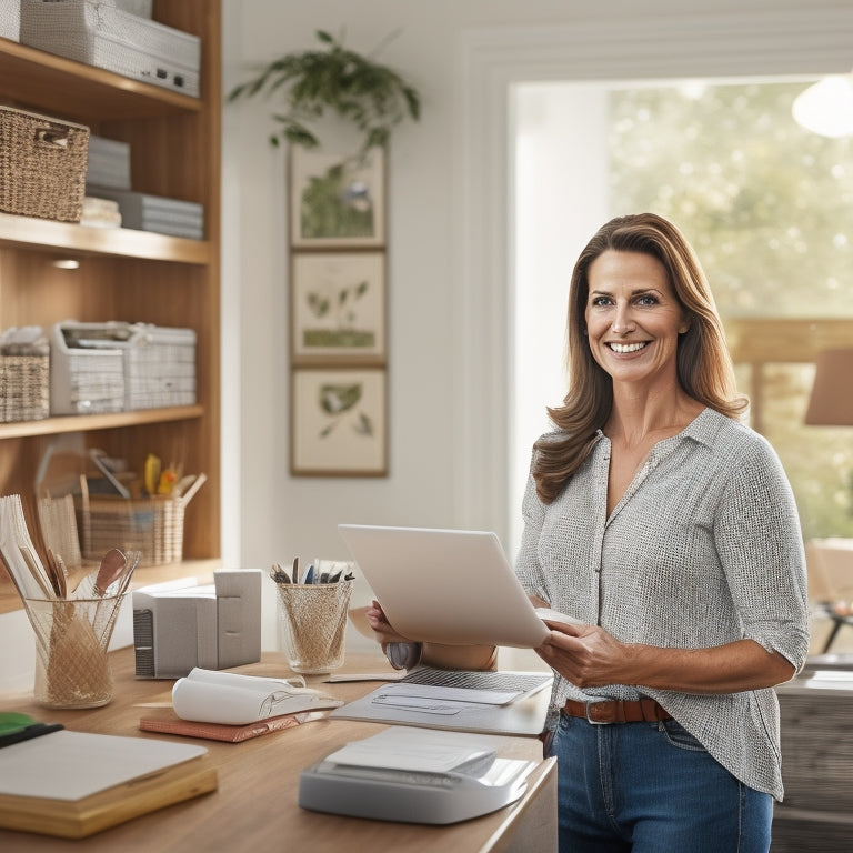 A serene and organized home office with a smiling mom in the background, surrounded by tidy shelves, labeled folders, and a minimalist desk with a single, open planner.