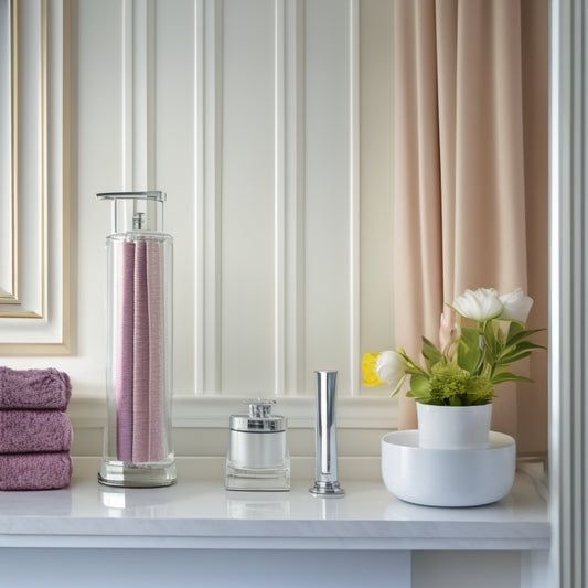 A serene, modern bathroom with three floating shelves in a polished chrome finish, showcasing a delicate glass vase, a candle, and a few rolled towels against a soft, creamy wall.