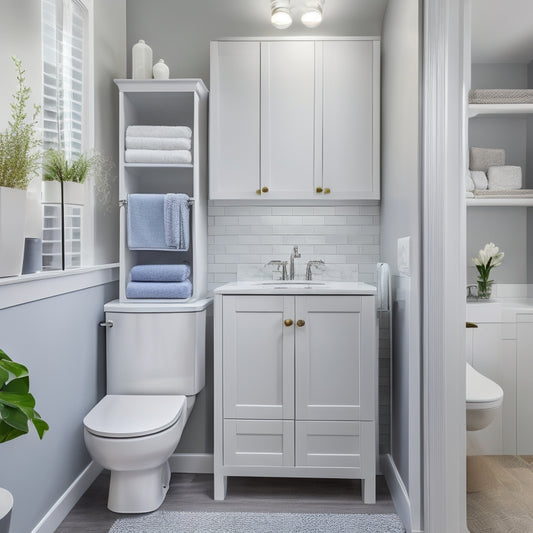 A beautifully organized small bathroom with a sleek, wall-mounted cabinet featuring pull-out drawers, shelves, and a mirrored door, surrounded by a calming white and gray color scheme and modern fixtures.