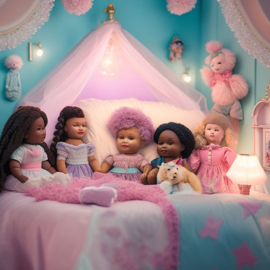 A whimsical, pastel-colored bedroom scene featuring a diverse group of dolls, each with unique hairstyles and outfits, surrounded by stuffed animals, flowers, and a canopy bed with a starry nightlight.