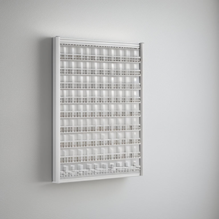 A sleek, silver wall-mounted rack with 10 horizontal slots, each holding a rolled-up blueprint, set against a light gray background with a subtle grid pattern.