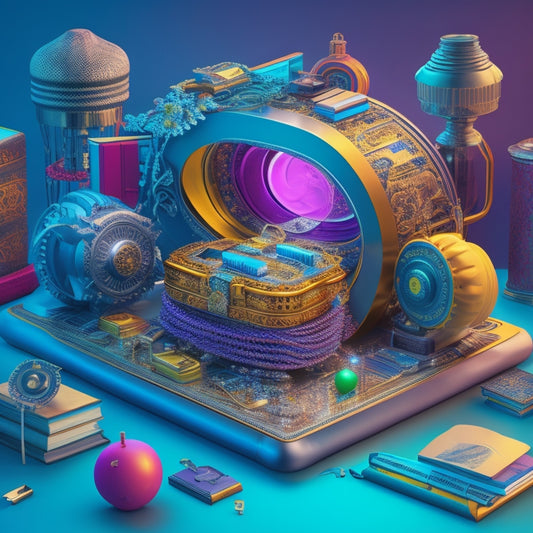A vibrant, futuristic illustration featuring a treasure chest overflowing with colorful, swirling shapes representing knowledge, surrounded by laptops, tablets, and books, amidst a subtle background of gears and circuits.