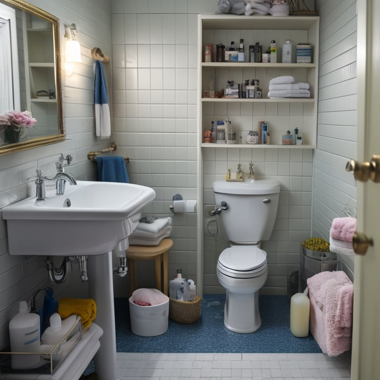 A cluttered, cramped bathroom with a pedestal sink, toilet, and shower, featuring a awkward, empty corner space with a few toiletries scattered around, and a faint outline of custom shelves in the background.