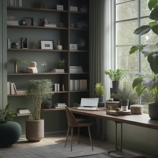 A serene, well-lit room with a minimalist aesthetic, featuring a tidy desk with a few, carefully placed objects, a floor-to-ceiling bookshelf with perfectly aligned books, and a few, lush green plants.