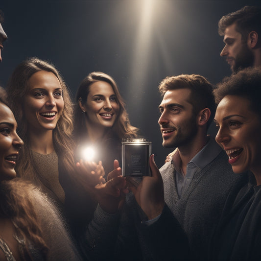 A dark background with a spotlight shining on a sleek, silver product, surrounded by blurred, excited people with outstretched hands, their faces filled with anticipation and eagerness.