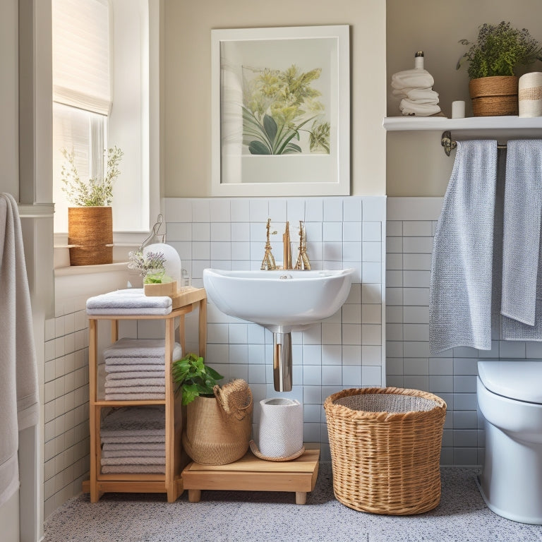 A serene, well-lit small bathroom with a pedestal sink, white walls, and grey tile floors, showcasing creative corner storage solutions, such as a tiered shelf, woven basket, and hanging organizer.