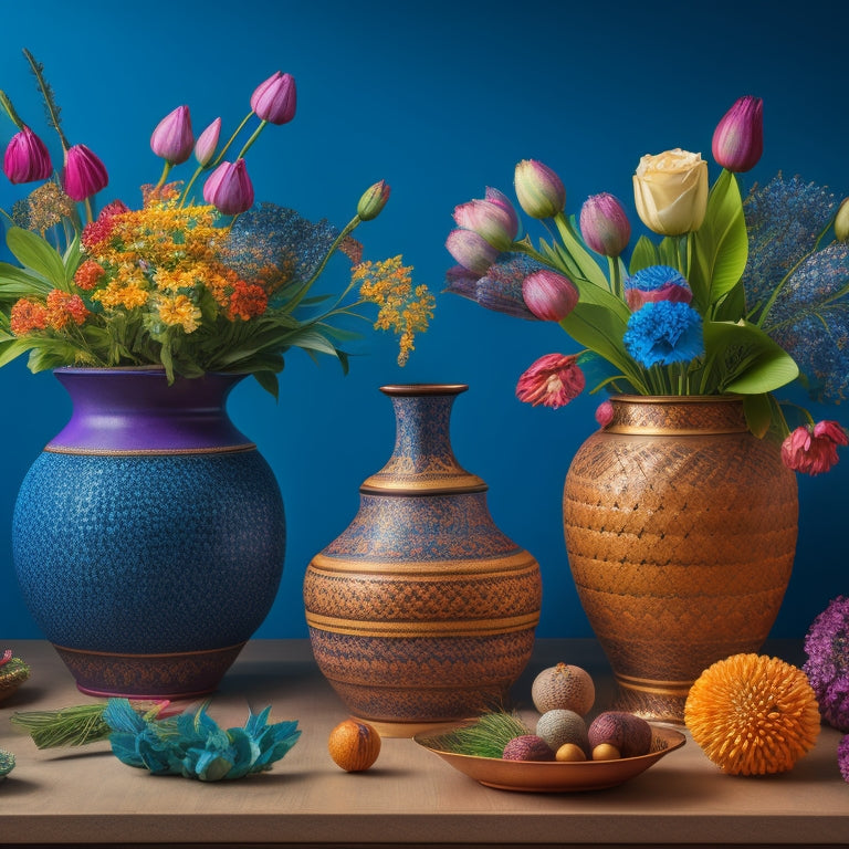 A visually striking image featuring a collection of unique vases, baskets, and containers in various shapes, sizes, and materials, showcasing creative ways to store and display floral stems.