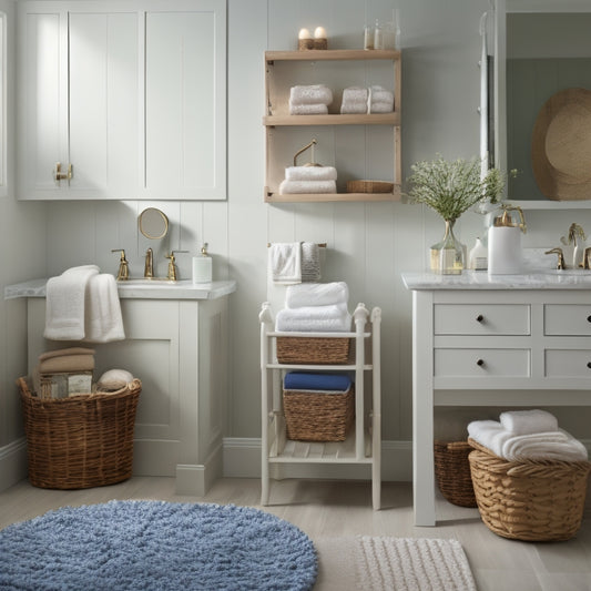 A serene bathroom scene with a calm color palette, featuring a spacious cabinet with open shelves, woven baskets, and a few toys and bathroom essentials neatly organized, surrounded by a few framed family photos.