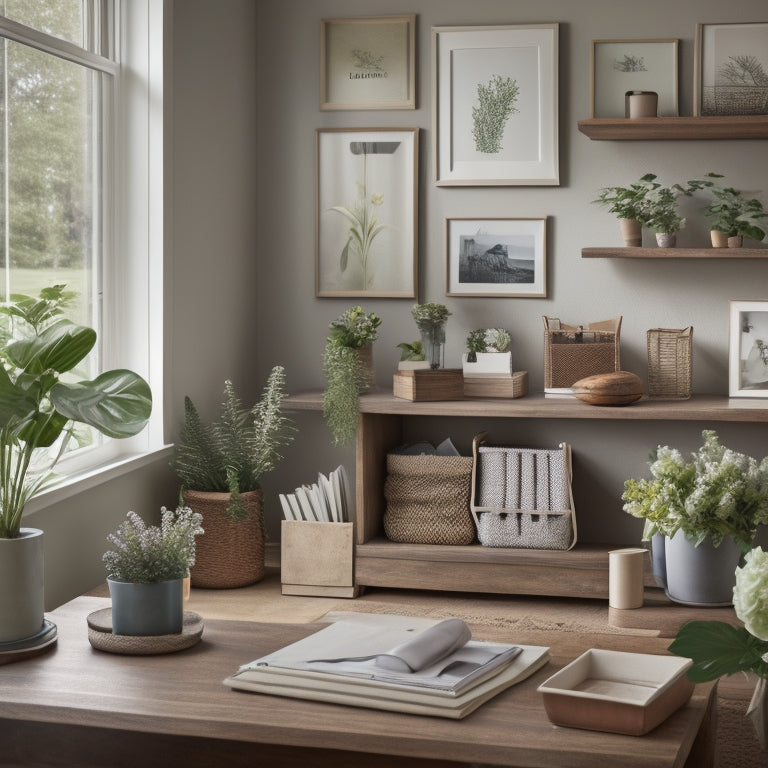 A serene, well-organized home office with a wooden desk, a vase with fresh flowers, and a few framed photos, surrounded by neatly labeled storage bins and a few strategically placed plants.