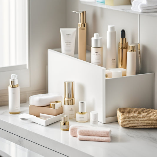 A tidy bathroom drawer with neatly arranged rows of skincare products, makeup, and grooming tools, surrounded by soft, white light, and a subtle, marble-textured background.