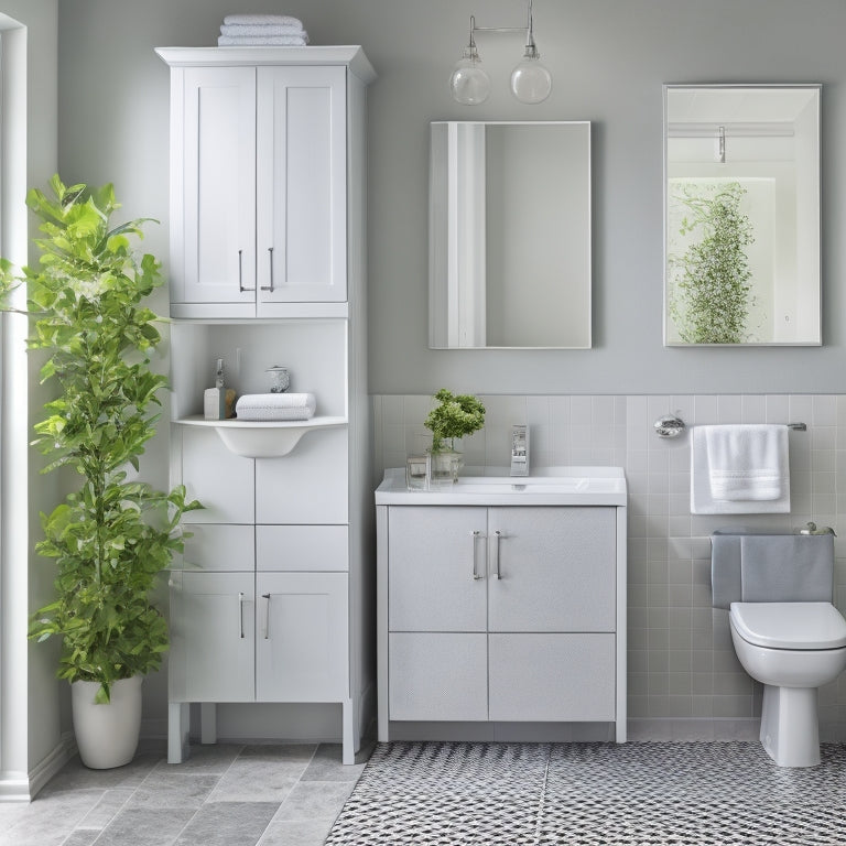 A tidy, minimalist bathroom with a wall-mounted cabinet, a pedestal sink with a slide-out drawer, and a shower caddy with hanging baskets, all in a calming white and gray color scheme.