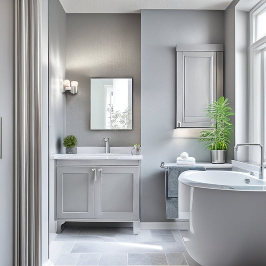 A modern bathroom with a large, wall-mounted cabinet in a soft gray finish, adorned with sleek chrome hardware, above a white, vessel-style sink and a floor-to-ceiling, frameless mirror.