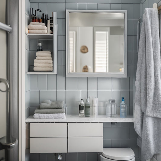 A cluttered bathroom with toiletries scattered on countertops, towels strewn on the floor, and a messy shower area, contrasted with a clean and organized section featuring a sleek, wall-mounted shelf and a compact storage cabinet.