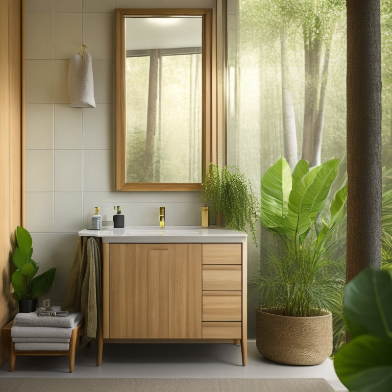 A serene bathroom scene featuring a sleek, modern sink vanity with a wall-mounted, woven bamboo cabinet above, surrounded by lush greenery and soft, warm lighting.