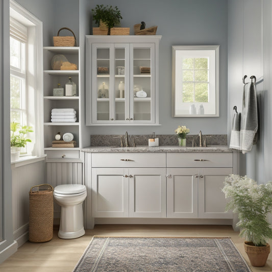 A serene bathroom with a double-sink vanity, featuring a wall-mounted cabinet with frosted glass doors, a recessed medicine cabinet, and a woven storage basket under the sink.
