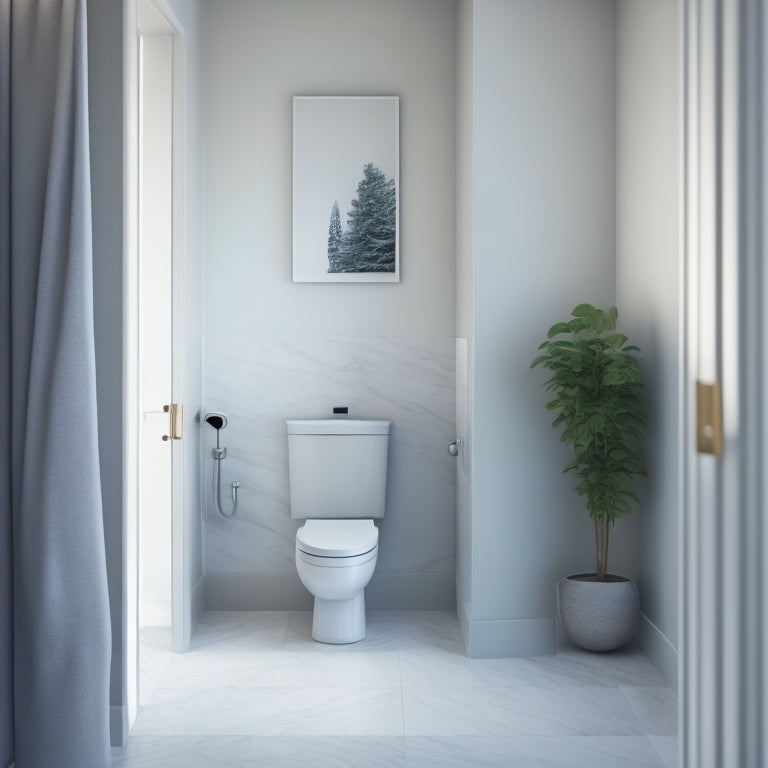 A minimalist bathroom with a compact toilet and adjacent medicine cabinet, both in a sleek, white finish, surrounded by soft, gray walls and a subtle, marble-patterned floor.