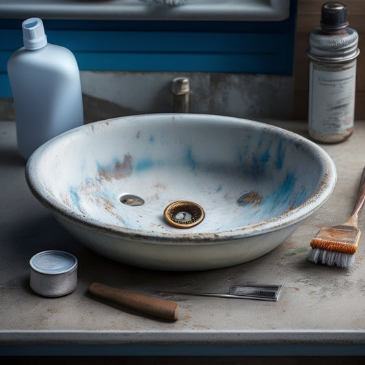 A close-up of a worn, chipped porcelain sink with faded white glaze and rusty metal drain, surrounded by scattered cleaning supplies and a small paintbrush, with a subtle hint of a refreshed, repaired area.