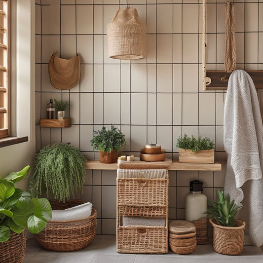A cozy rustic bathroom scene featuring wooden shelving units, adorned with potted plants, woven baskets, and neatly stacked towels, all set against weathered shiplap walls and soft, natural lighting streaming through a small window.