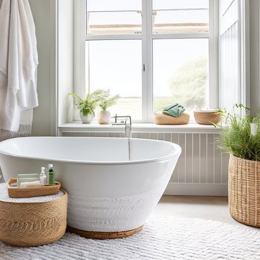 A serene, white-tiled bathroom with a freestanding tub, adorned with woven seagrass baskets in various sizes, containing rolled towels, lotions, and skincare products, against a backdrop of soft, natural light.