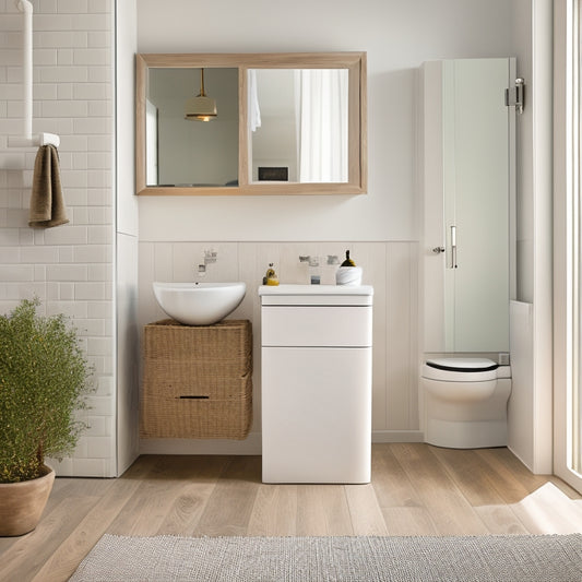 A minimalist, well-lit bathroom with a wall-mounted cabinet featuring sliding glass doors, a pedestal sink with a built-in storage drawer, and a woven basket tucked beside the toilet, holding toilet paper and towels.