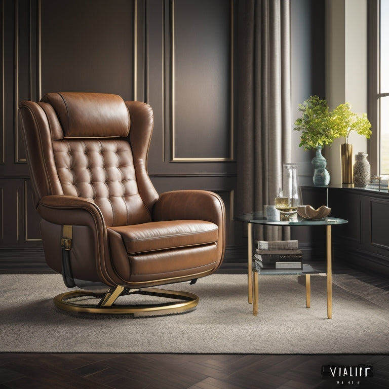 A luxurious living room with a VivaLift! Atlas Plus Lift Chair centered, featuring a sleek, espresso-brown frame, plush beige upholstery, and a subtle, golden accent on the armrest.