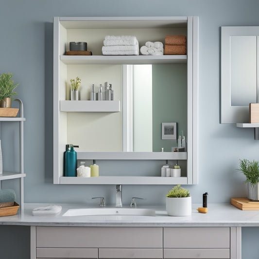 A bathroom vanity with a wall-mounted shelf above it, partially installed, with tools and materials scattered around, including a level, drill, and shelving brackets, against a light gray background.