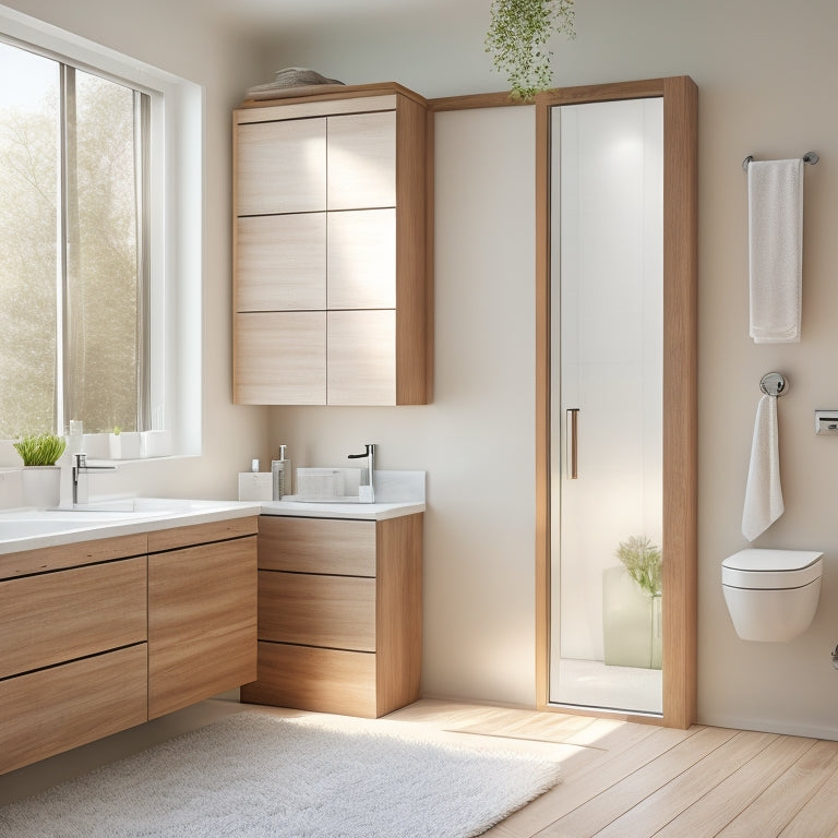 A sleek, modern bathroom featuring modular storage units in soft wood tones, displaying neatly organized toiletries and towels, with a minimalist aesthetic, natural light streaming in through a frosted glass window.