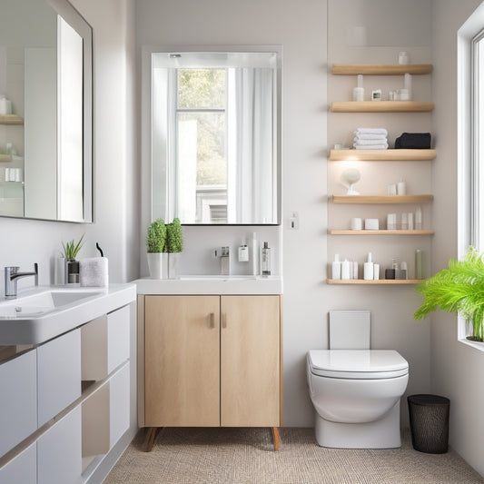 A sleek, white bathroom with a wall-mounted sink and toilet, featuring a recessed cabinet behind a sliding mirror, and a floating shelf with a few, carefully placed toiletries.