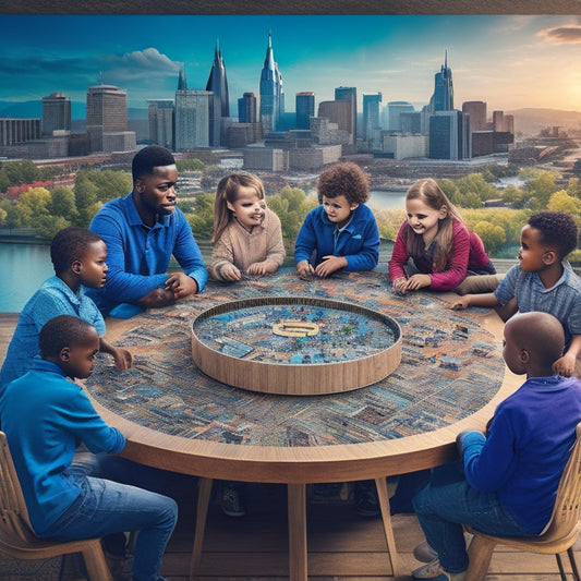 A vibrant illustration of a diverse group of children and adults gathered around a large, circular table, surrounded by Nashville cityscape elements, with puzzle pieces connecting them.