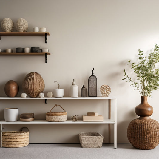 A minimalist, well-lit room with a sleek, built-in shelving unit, woven baskets, and a few, strategically-placed decorative objects, surrounded by negative space.