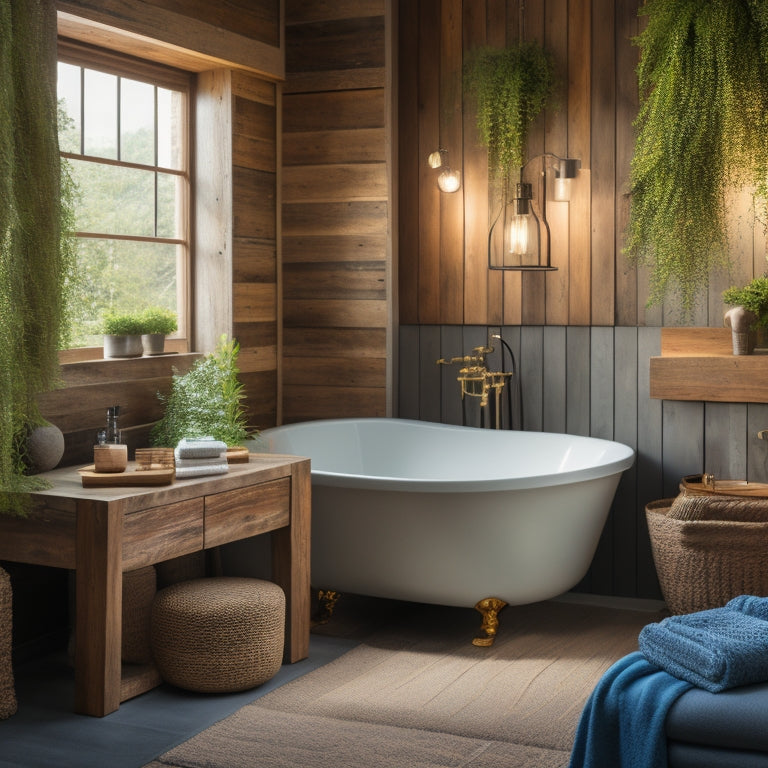 A serene bathroom scene with reclaimed wood accents, a freestanding tub, and a stone-clad wall, illuminated by warm pendant lights and adorned with lush greenery, evoking modern rustic elegance.