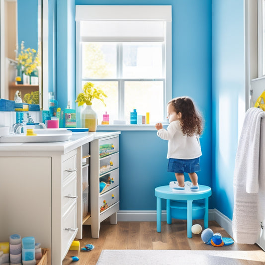 A bright, clean bathroom with a toddler standing on a step stool, reaching for a kid-friendly shelf stocked with colorful, kid-sized toiletries and a few favorite toys, surrounded by soft, natural light.