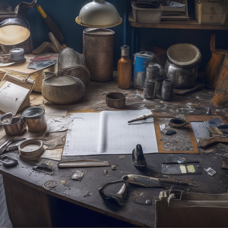 A messy, cluttered room transforms into a tidy, organized space, with a DIY cheat sheet on a clipboard in the foreground, surrounded by scattered tools, paint swatches, and renovation plans.