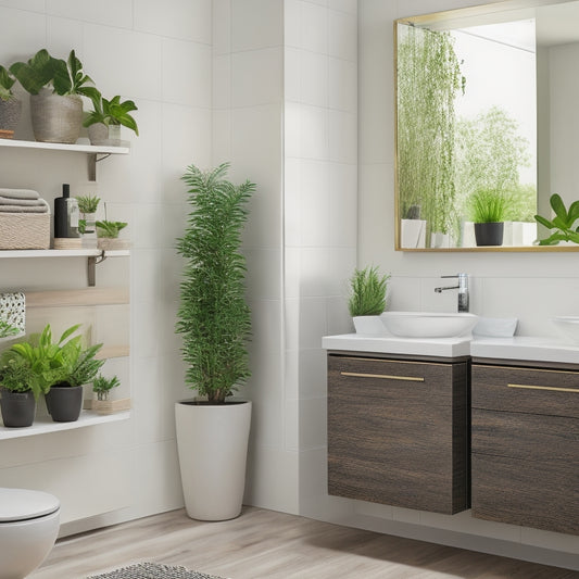 A sleek, modern bathroom featuring vertical shelving units, wall-mounted organizers, and slim drawers under the sink, accented by potted plants and minimalist decor, showcasing efficient use of space in a compact setting.