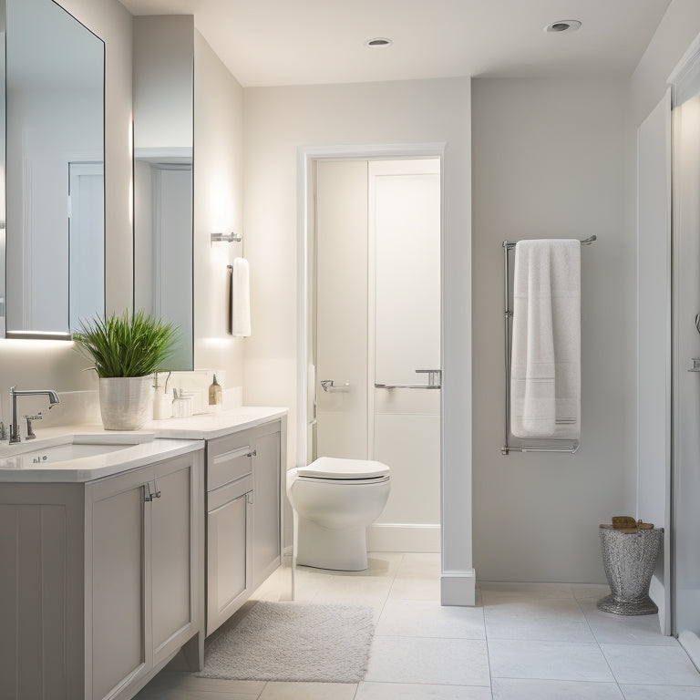 A serene, well-lit bathroom featuring a floor-to-ceiling wall cabinet with frosted glass doors, sleek chrome handles, and a built-in LED light strip, surrounded by calming gray and white tones.