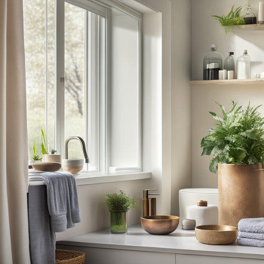 A stylish bathroom with sleek, modern open shelving displaying neatly arranged towels, decorative jars, and potted plants. Soft natural light filters through a window, casting gentle shadows on a minimalist, neutral-toned backdrop.