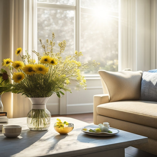 A bright, airy living room with a vase of fresh flowers on a clutter-free coffee table, surrounded by sparkling clean windows, and a few gentle rays of sunlight streaming through.