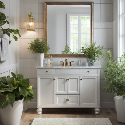 A serene bathroom scene featuring three elegant white wooden drawers with ornate metal handles, placed under a sleek countertop, surrounded by a minimalist mirror and lush greenery.