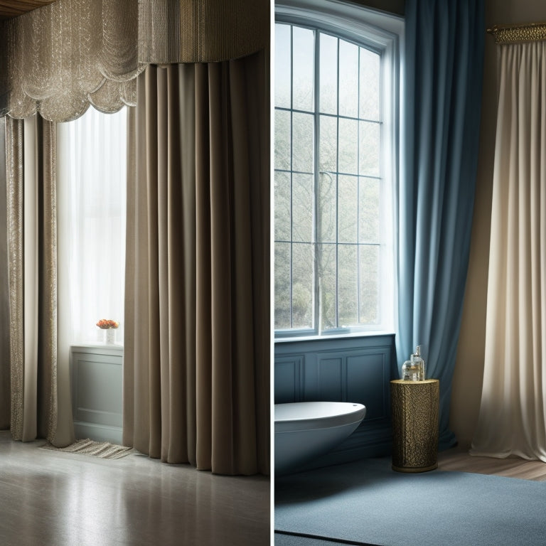 A split-screen image: a elegant living room with floor-to-ceiling window curtains in a luxurious fabric, alongside a modern bathroom with the same curtain repurposed as a stylish shower curtain.