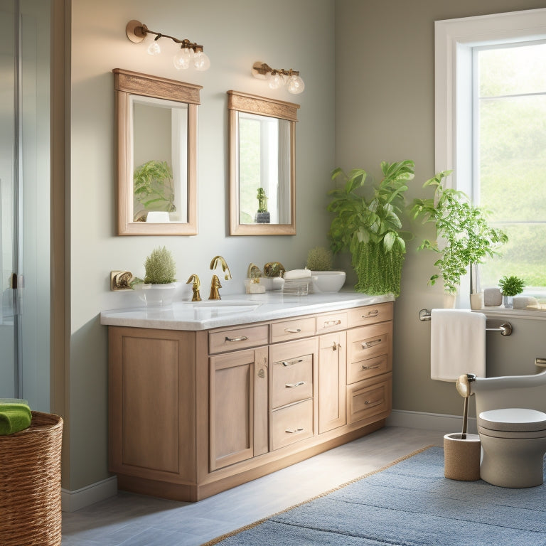 A serene bathroom scene featuring five distinct sink and cabinet configurations, each with unique materials, shapes, and styles, set against a calming neutral background with soft, warm lighting.