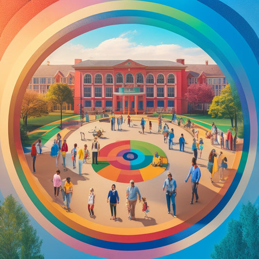A vibrant, stylized illustration of a college campus with rainbow-colored pathways and buildings, surrounded by diverse, smiling individuals of various ages and abilities holding hands in a circle.