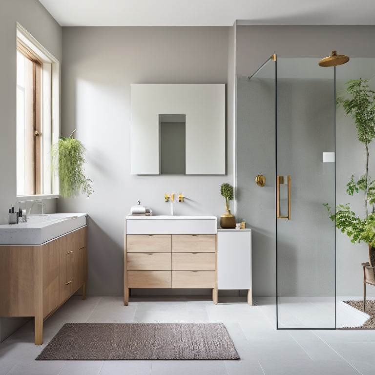 A serene, modern bathroom with a wall-mounted sink, a freestanding tub, and a minimalist aesthetic, featuring a combination of built-in cabinets and freestanding storage units in a harmonious layout.