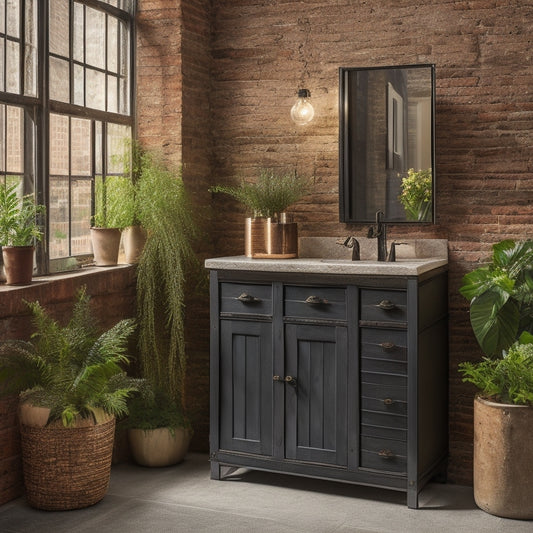 A compact industrial bathroom cabinet made of weathered wood and black metal accents, adorned with vintage knobs, set against a backdrop of exposed brick and concrete walls, with potted plants for a touch of greenery.