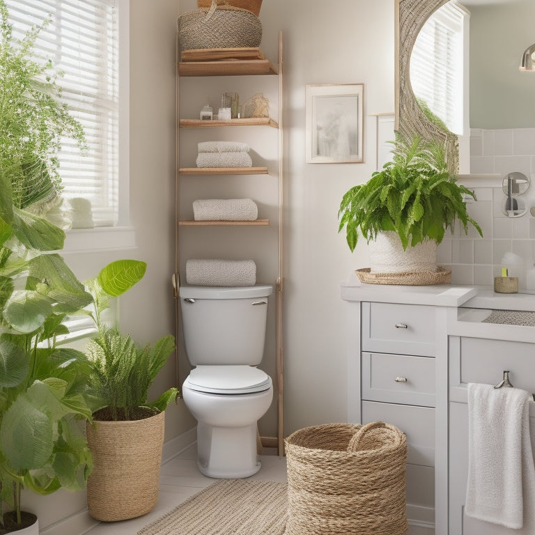 A chic, compact bathroom featuring vertical shelving, woven baskets, and an elegant over-the-toilet cabinet, accented with potted plants, soft lighting, and stylish towels, all set against a soothing color palette.