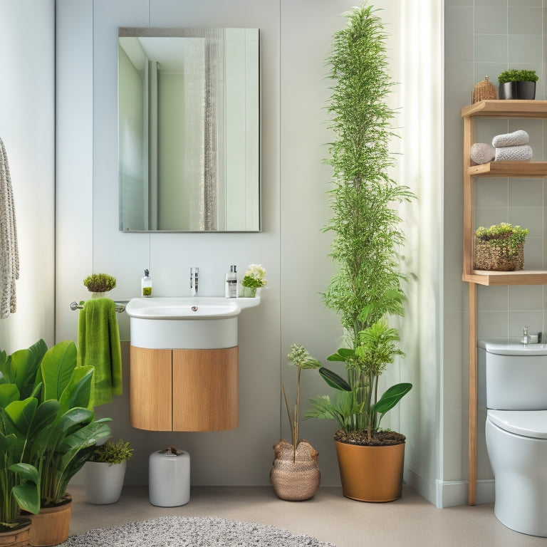 A modern bathroom with a sleek, white storage tower standing against a wall, adorned with ornate chrome handles, holding rolled towels and toiletries, surrounded by a few potted plants and a large, circular mirror.