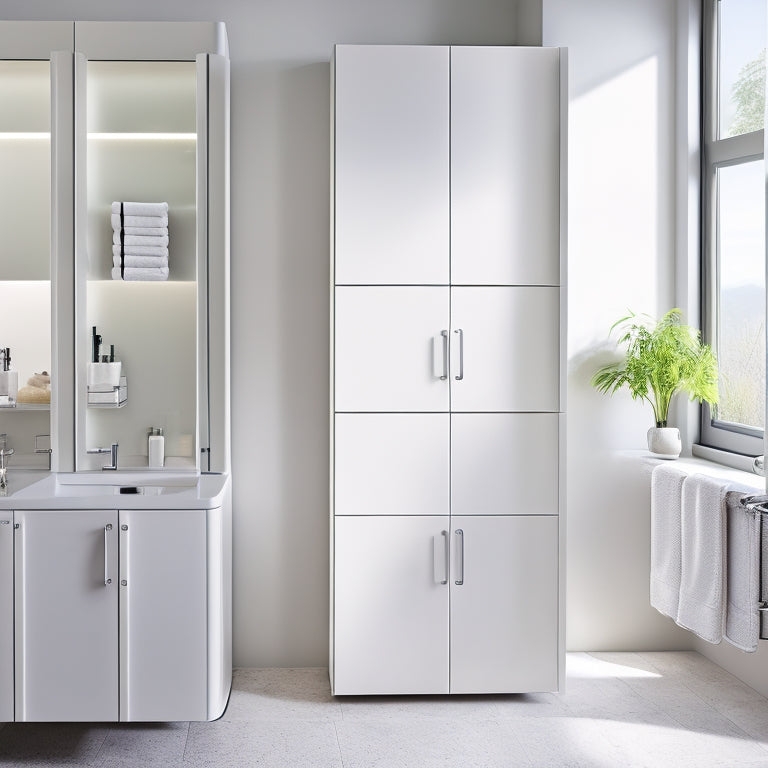 A modern bathroom featuring sleek, white rotating storage cabinets with multiple compartments, neatly organized toiletries and towels, surrounded by soft natural light filtering through a frosted window, and a minimalist aesthetic.