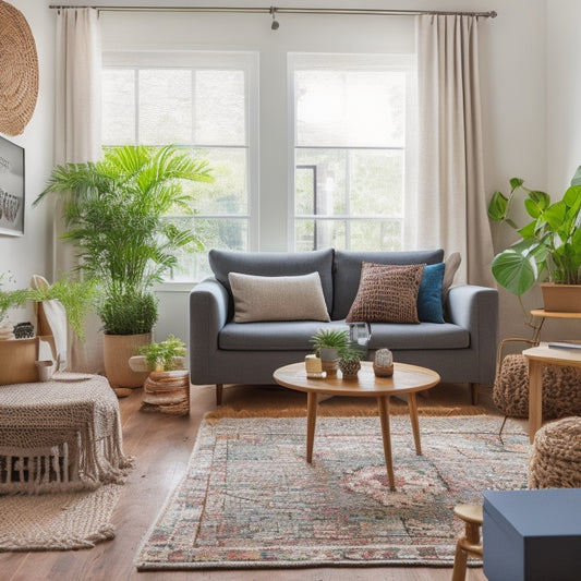 A bright, modern living room with a refurbished wooden coffee table, a macrame plant hanger, and a geometric-patterned rug, surrounded by DIY tools and half-finished projects.